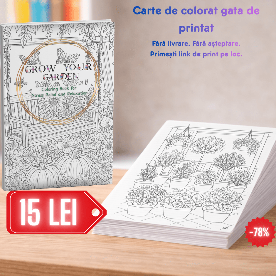 Grow Your Garden – Carte de colorat de printat florală pentru adulti, relaxare si antistres
