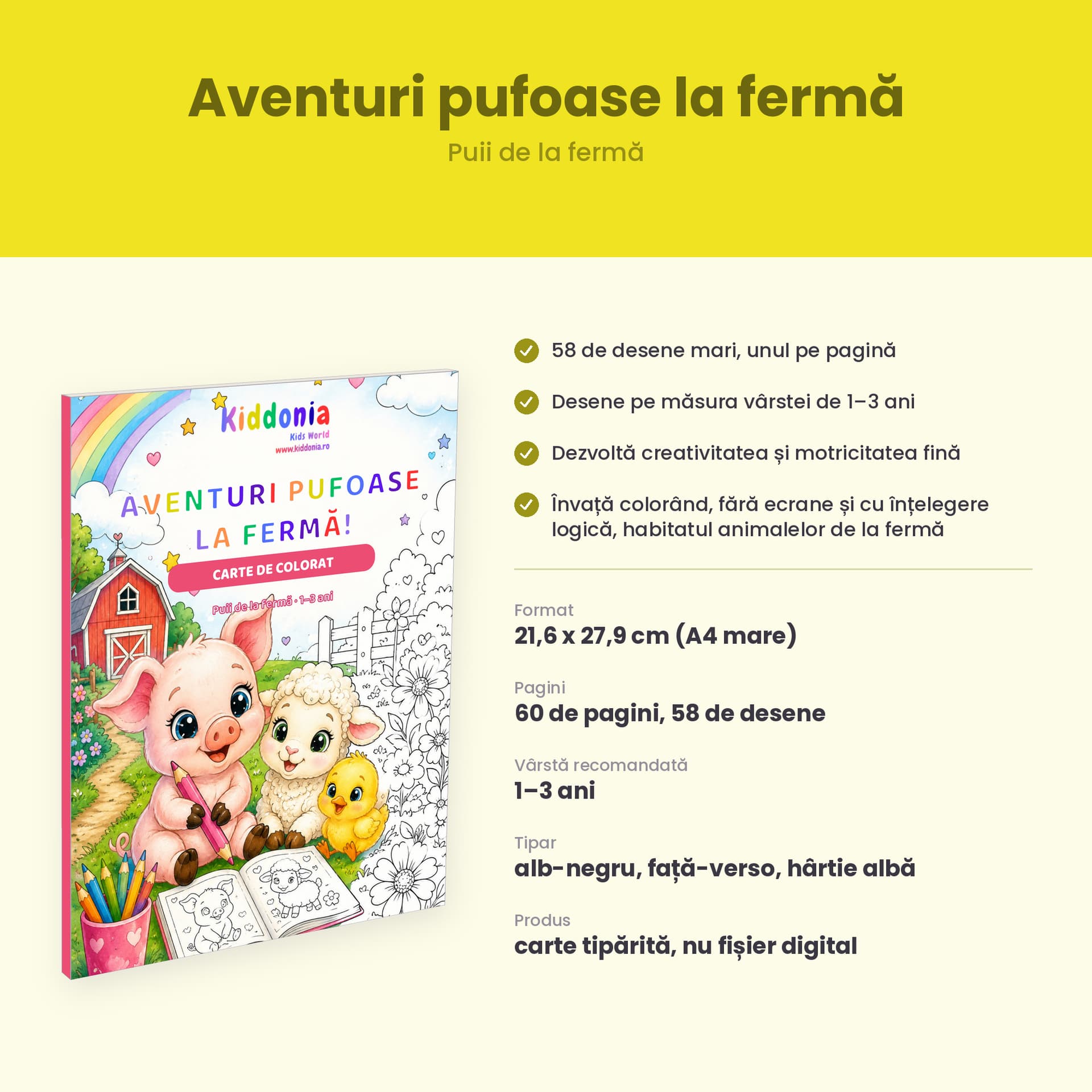 Carte de colorat Aventuri pufoase la fermă, 58 de desene, 1-3 ani — pagina 3 din 5