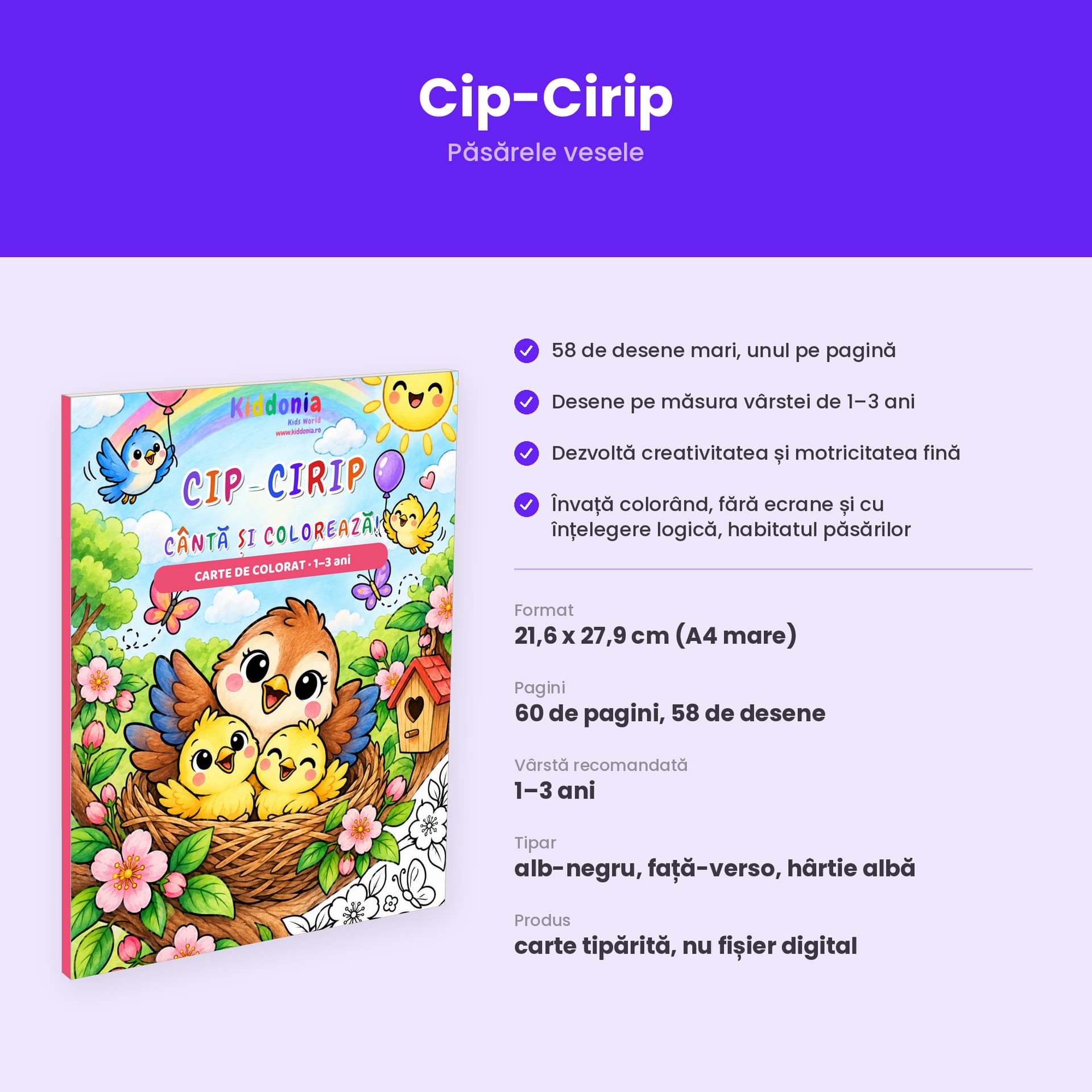 Carte de colorat Cip-Cirip, 58 de desene cu păsărele, 1-3 ani — pagina 2 din 5