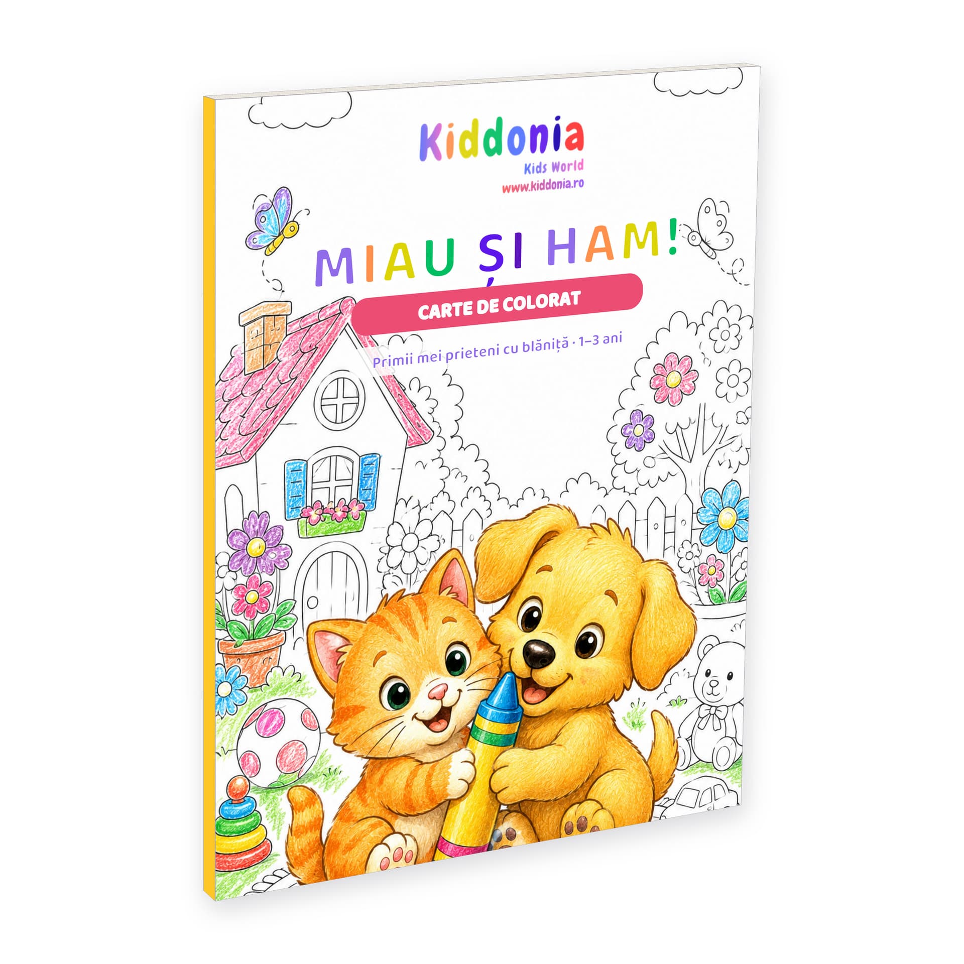 Carte de colorat Miau și Ham, 58 de desene cu pisicuțe și cățeluși, 1-3 ani