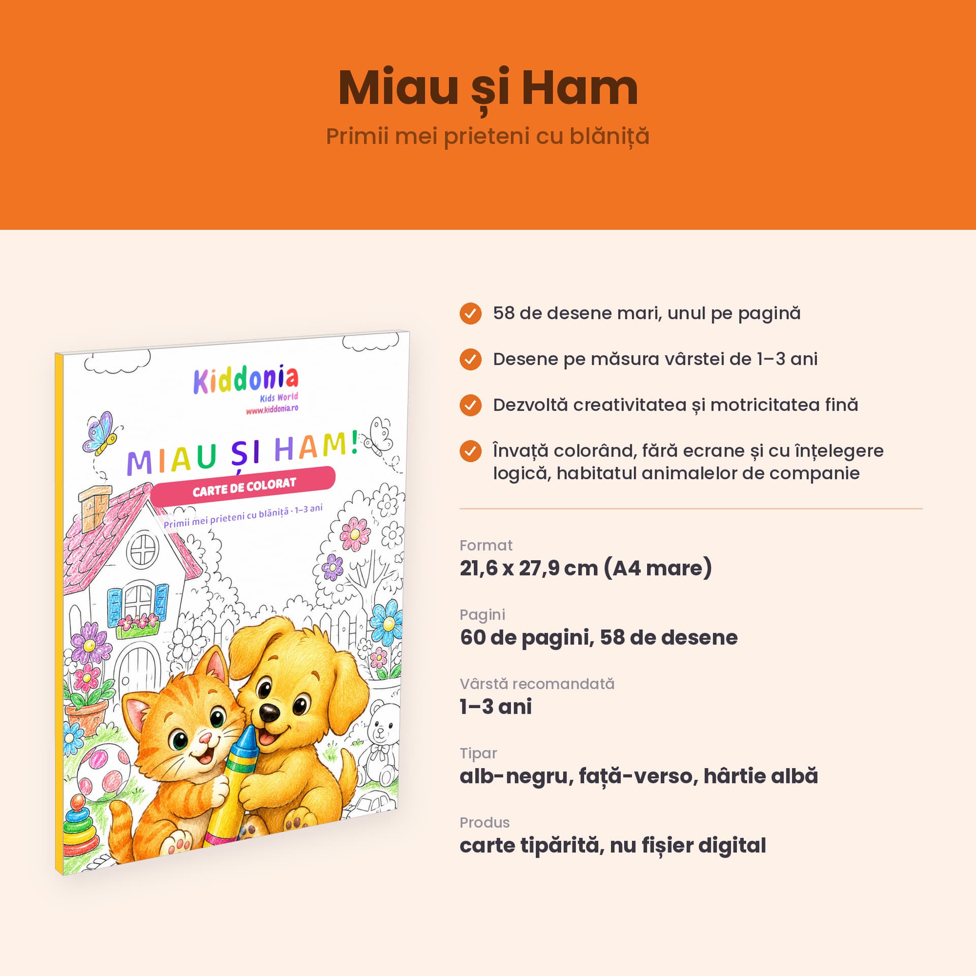 Carte de colorat Miau și Ham, 58 de desene cu pisicuțe și cățeluși, 1-3 ani — pagina 2 din 5