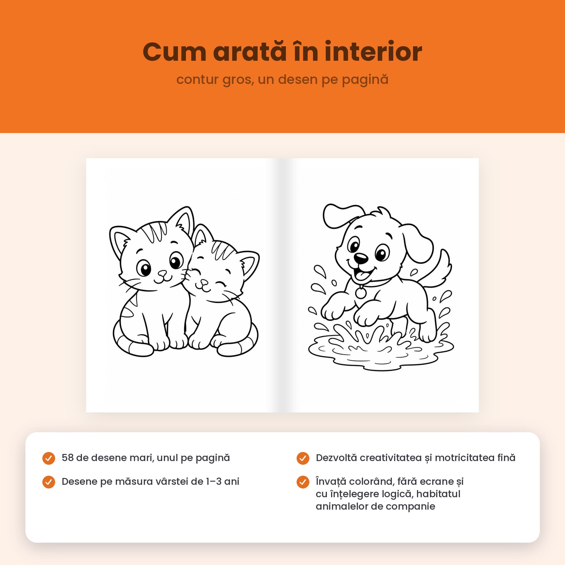 Carte de colorat Miau și Ham, 58 de desene cu pisicuțe și cățeluși, 1-3 ani — pagina 3 din 5