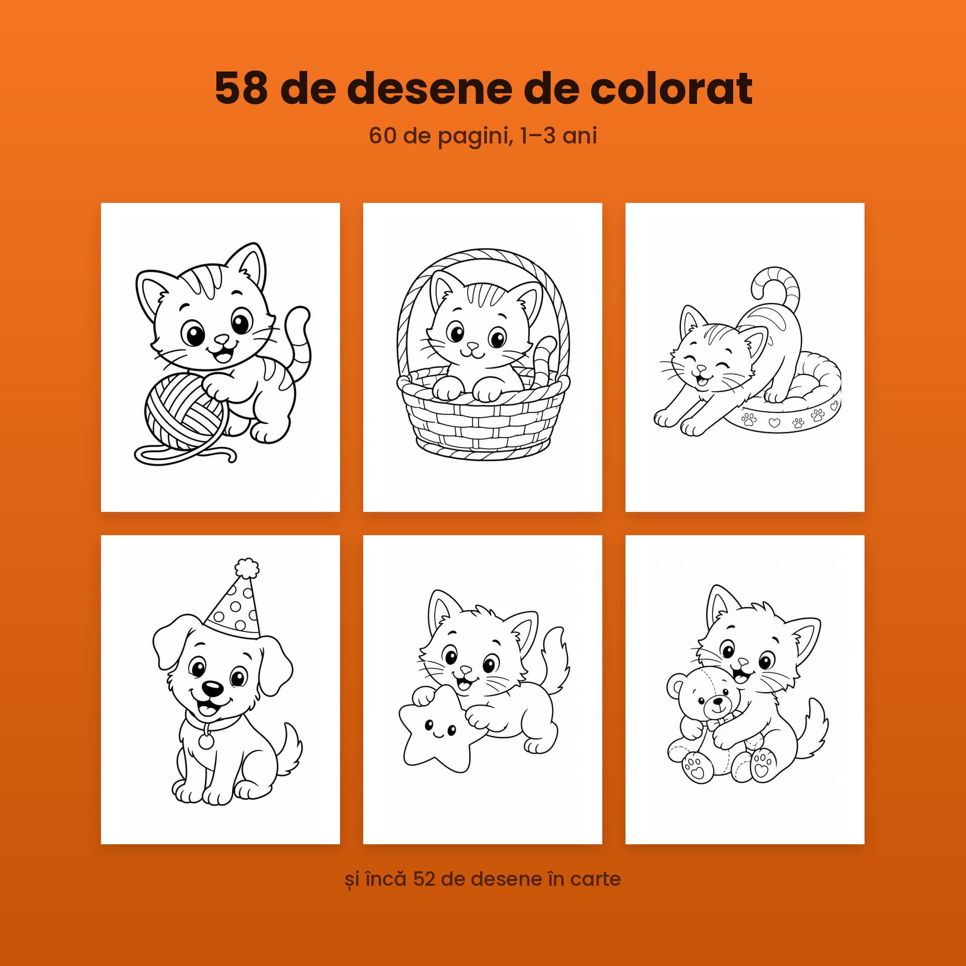 Carte de colorat Miau și Ham, 58 de desene cu pisicuțe și cățeluși, 1-3 ani — pagina 4 din 5