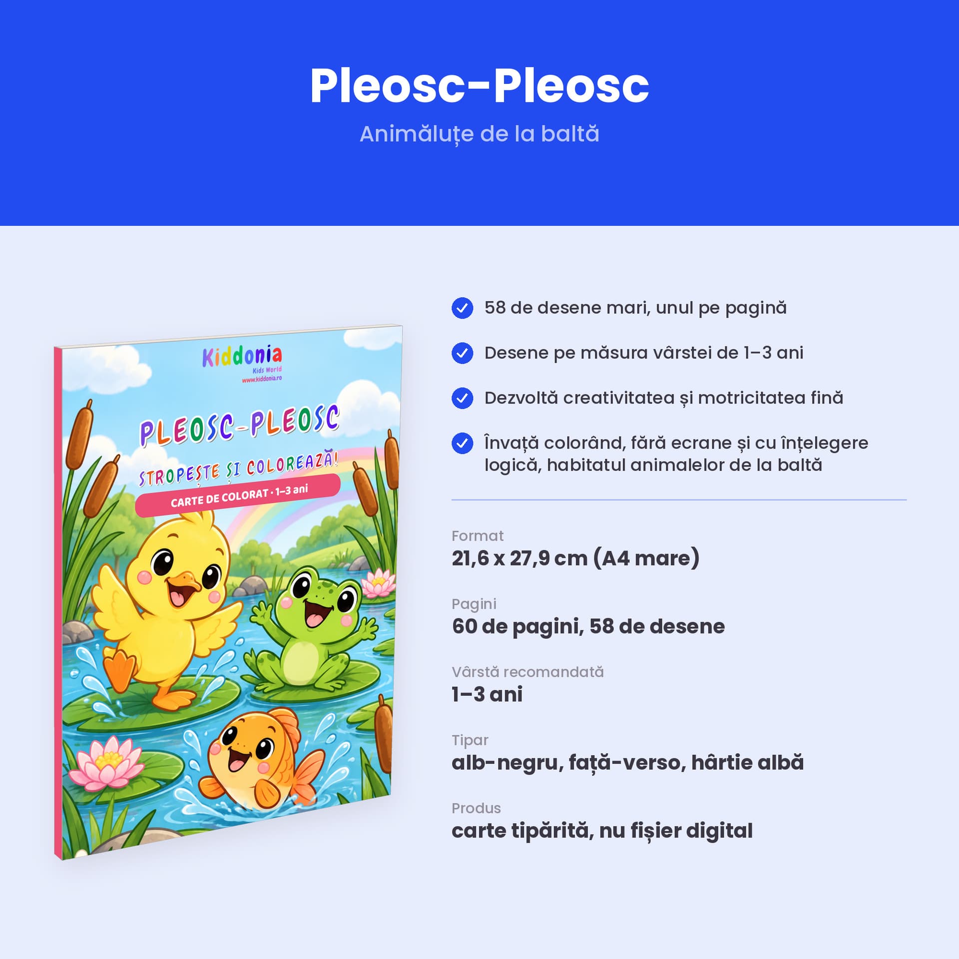 Carte de colorat Pleosc-Pleosc, 58 de desene cu animăluțe de la baltă, 1-3 ani — pagina 2 din 5