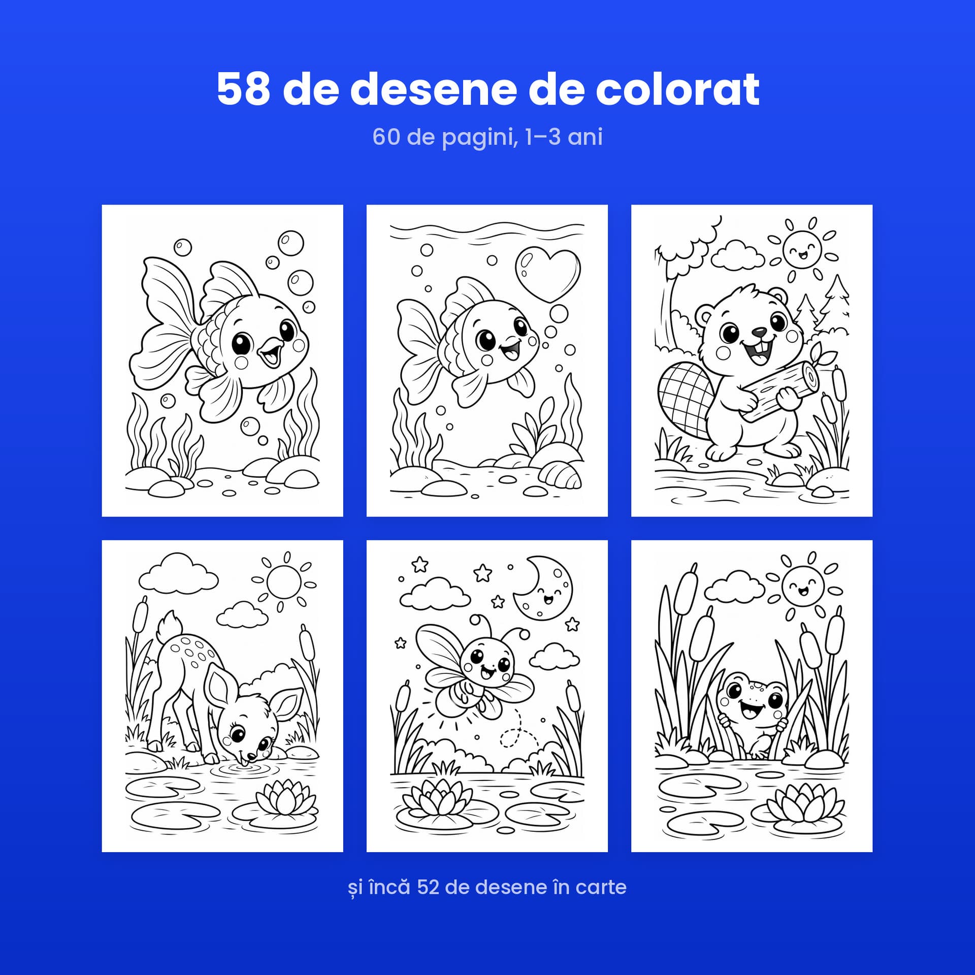 Carte de colorat Pleosc-Pleosc, 58 de desene cu animăluțe de la baltă, 1-3 ani — pagina 3 din 5