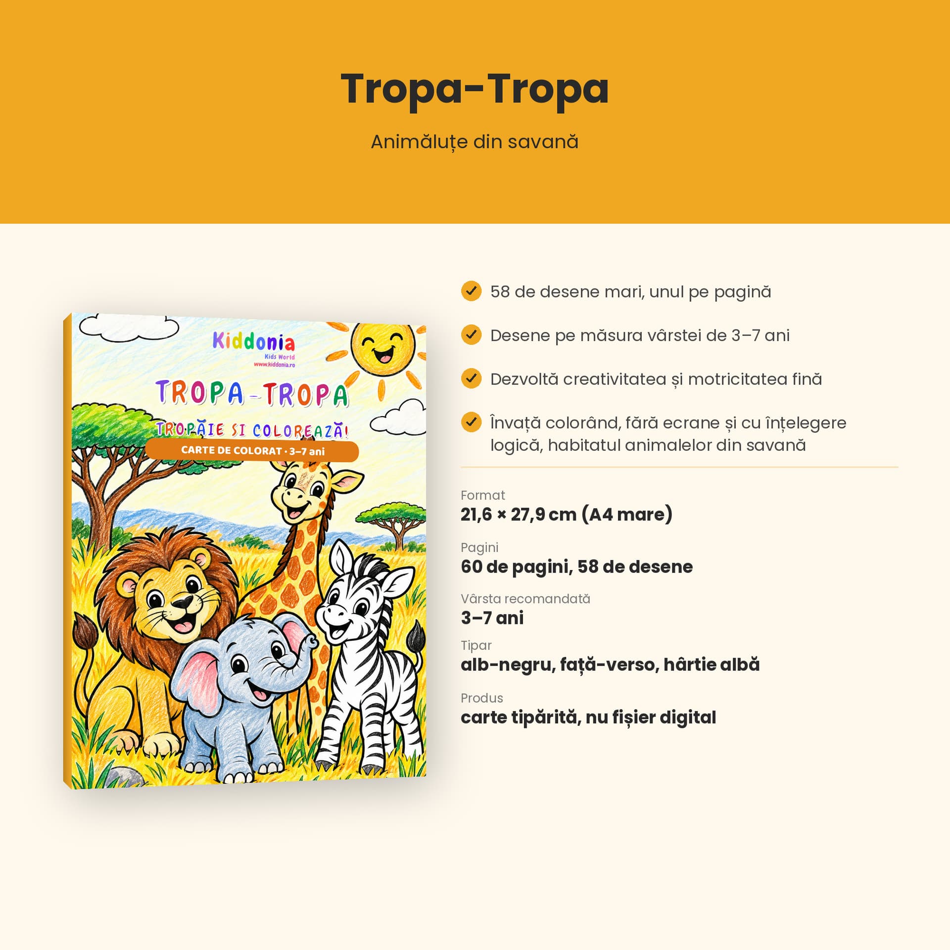 Carte de colorat Tropa-Tropa, animăluțe din savană, 3-7 ani — pagina 3 din 5