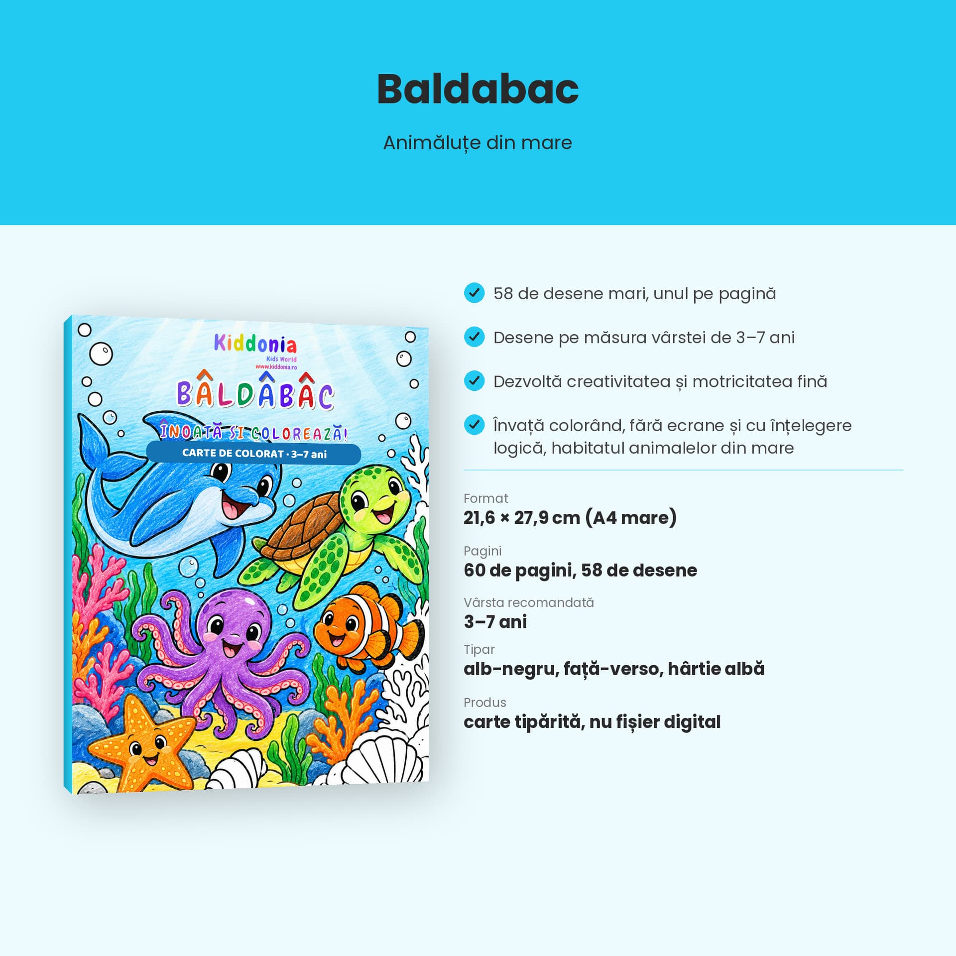 Carte de colorat Baldabac, animăluțe din mare, 3-7 ani — pagina 3 din 5