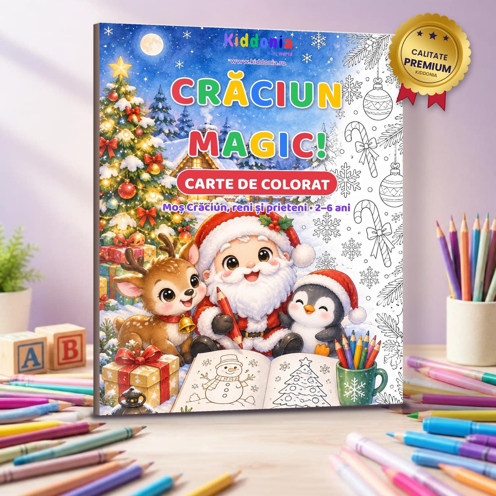 Carte de colorat Crăciun magic! Moș Crăciun, reni și prieteni — 60 de desene, 2–6 ani