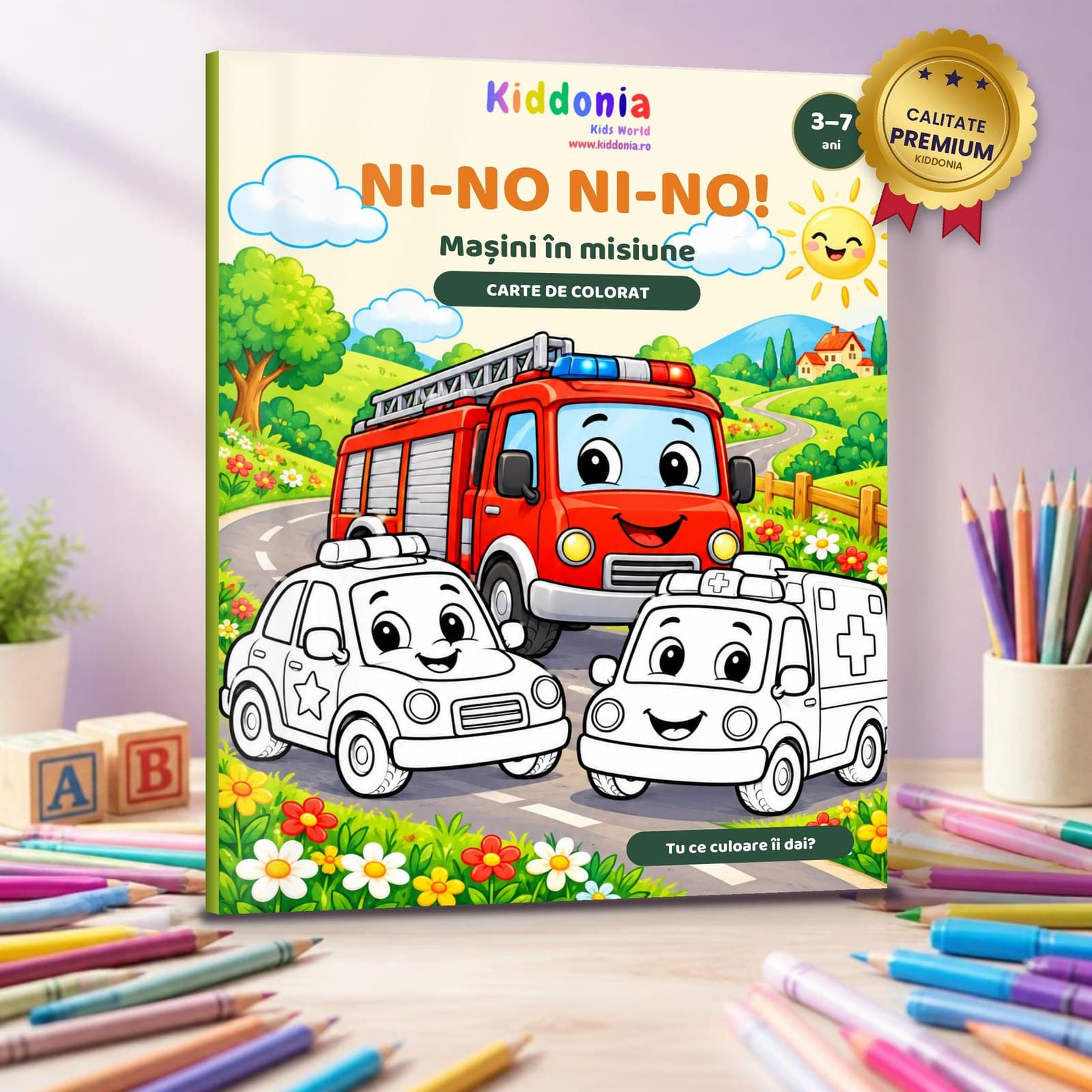 Carte de colorat Ni-No Ni-No! Mașini în misiune — 58 de desene, 3–7 ani
