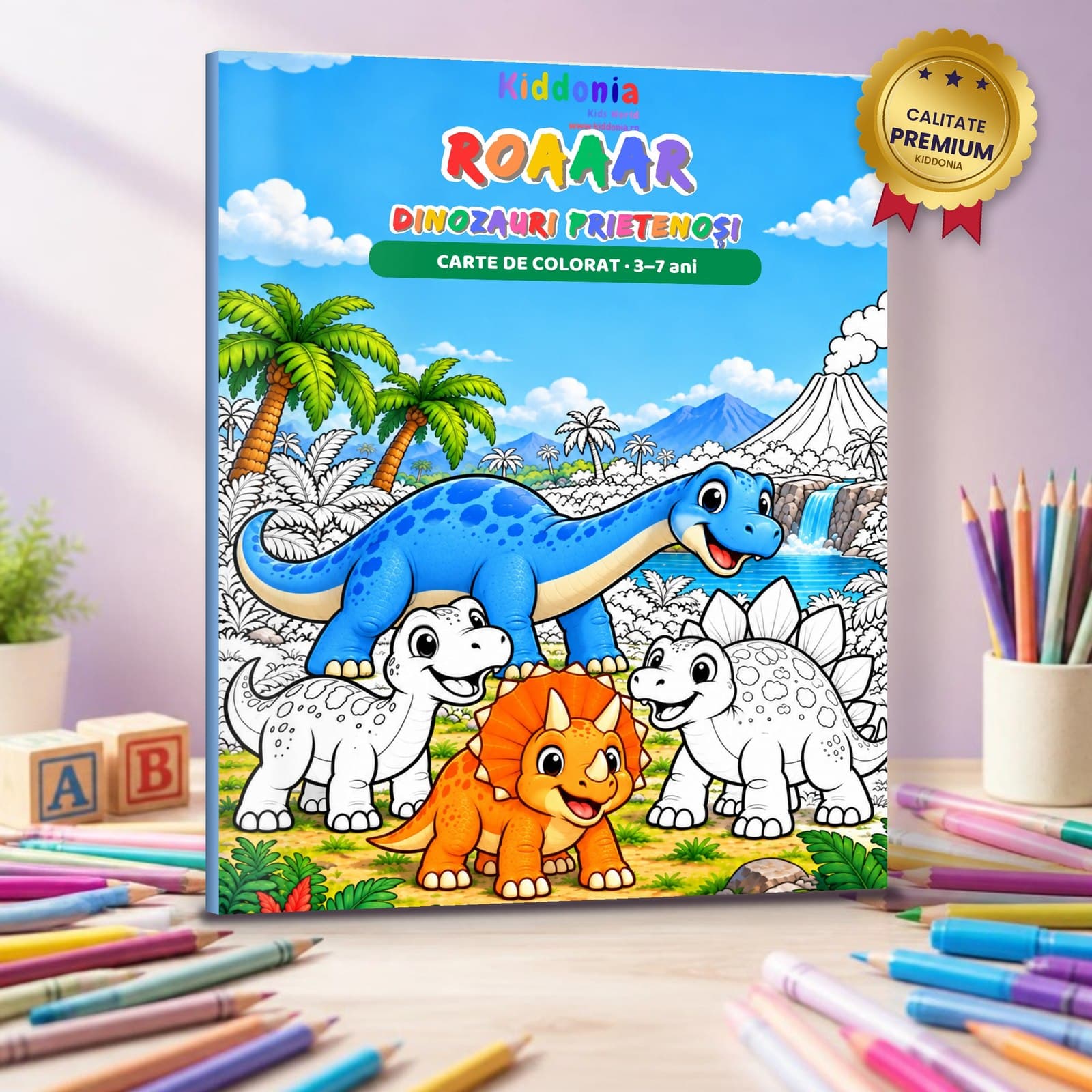 Carte de colorat Roaaar! Dinozauri prietenoși — 58 de desene, 3–7 ani
