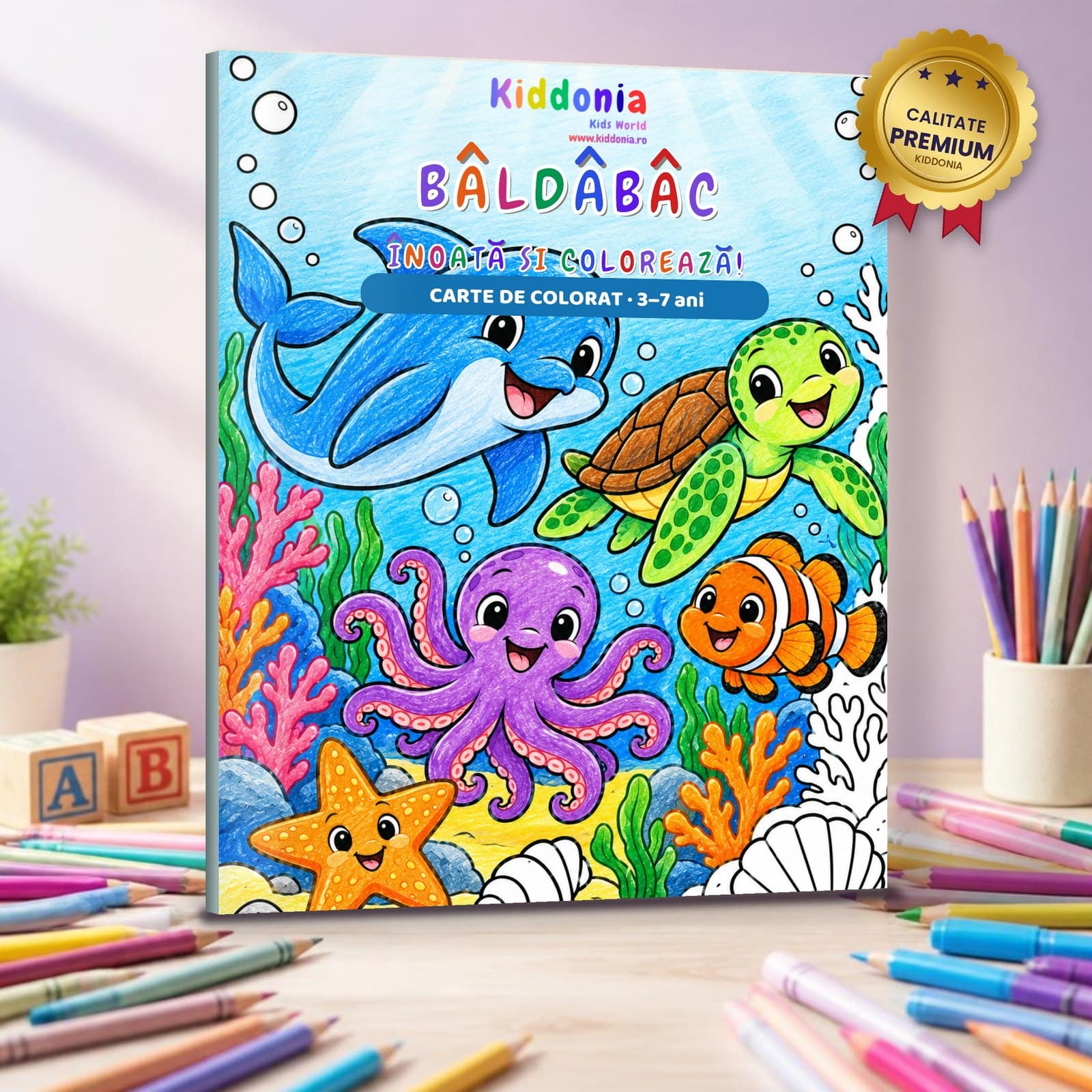 Carte de colorat Baldabac, animăluțe din mare, 3-7 ani — copertă
