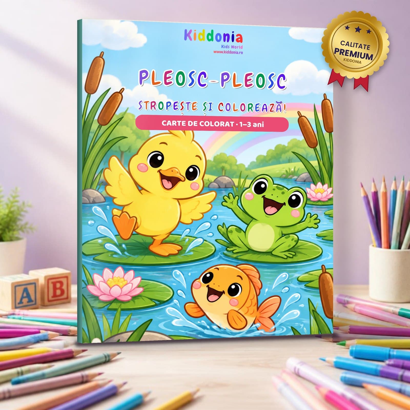 Carte de colorat Pleosc-Pleosc, 58 de desene cu animăluțe de la baltă, 1-3 ani — copertă